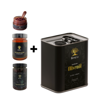 3L_Starter-Genuss-Paket_mit_Olivenoel_Honig_Olivenpaste_und_Kalamata_Oliven_im_Glas