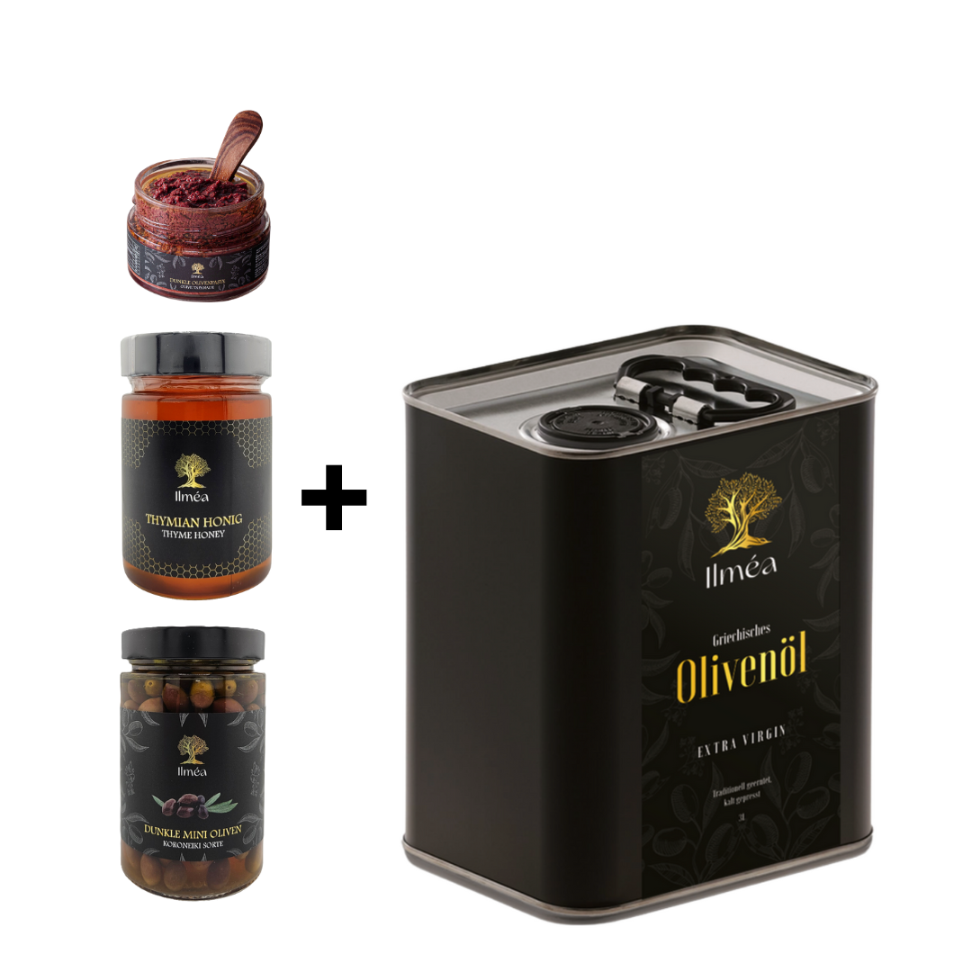 3L_Starter-Genuss-Paket_mit_Olivenoel_Honig_Olivenpaste_und_mini_Oliven