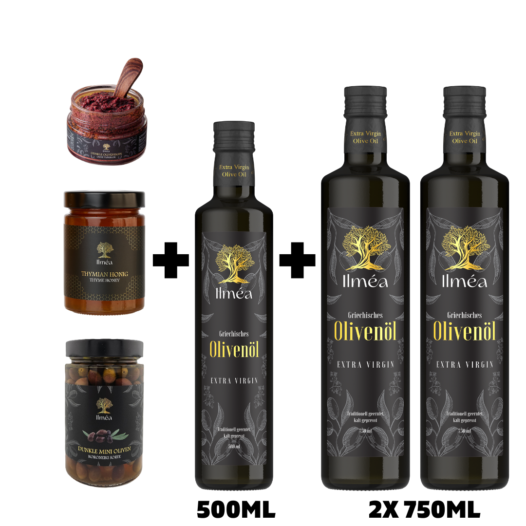 Flaschen_Starter_genuss_Paket-Olivenoel-Honig-Oliven-Olivenpaste
