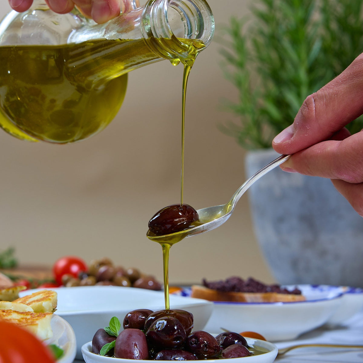 Kalamata Oliven Ilmea schweiz mit Olivenöl auf einem Löffel